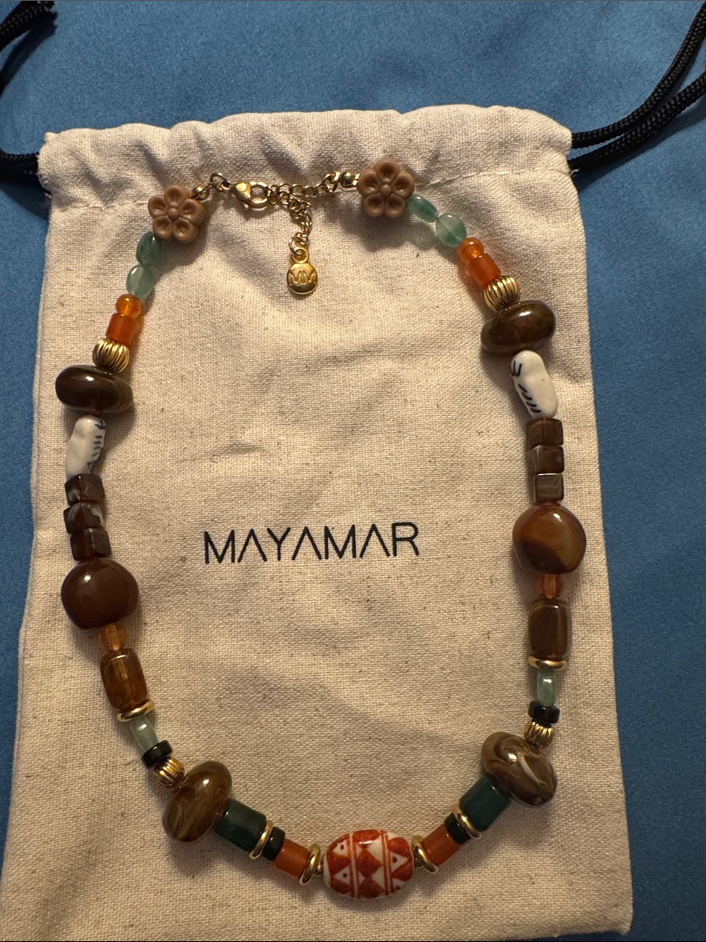 Mayamar Brown & Green Beaded Necklace with Gold Accents